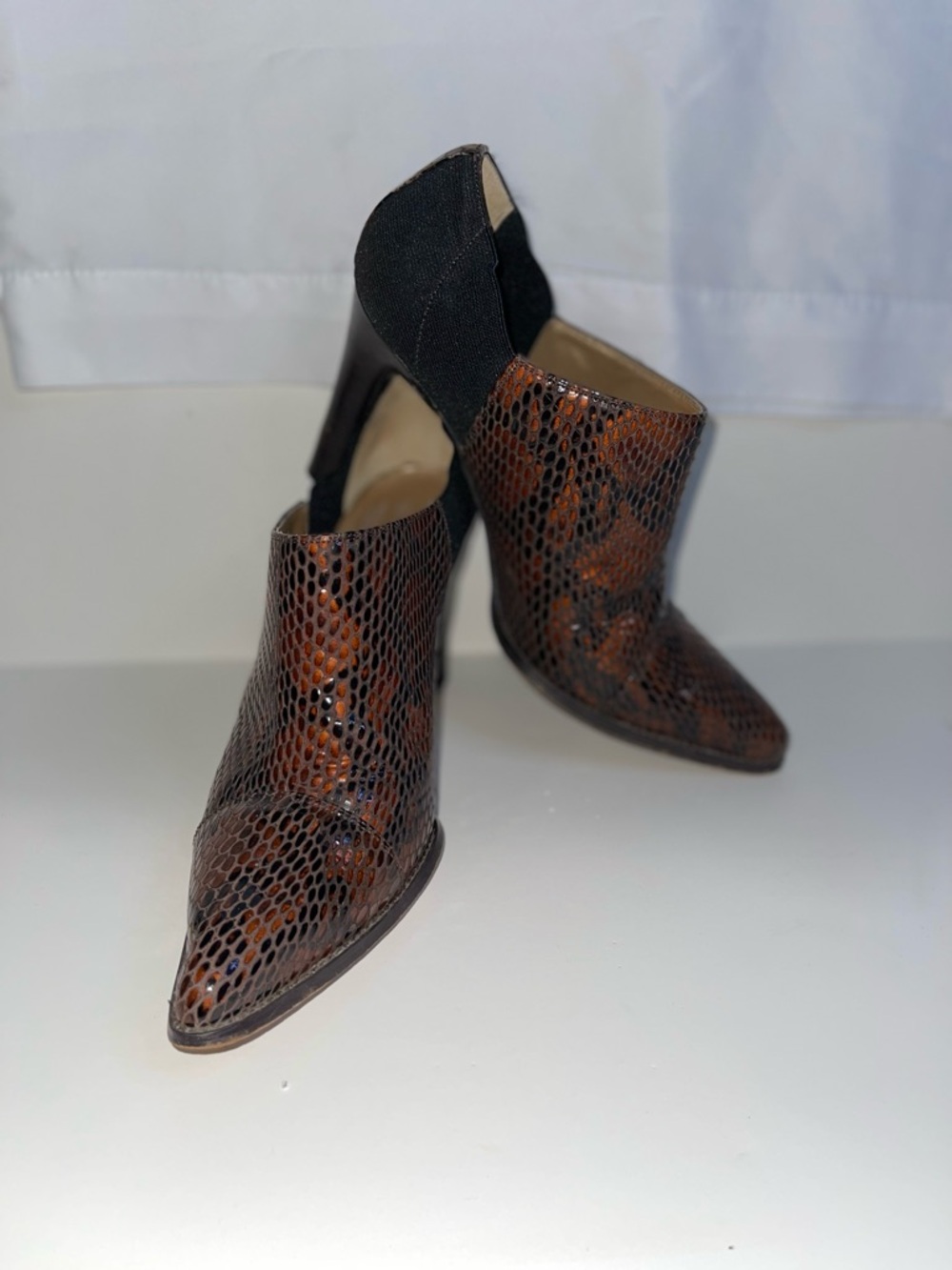 Ann Marino Brown Snake-Embossed Pointed Toe High Heel Booties